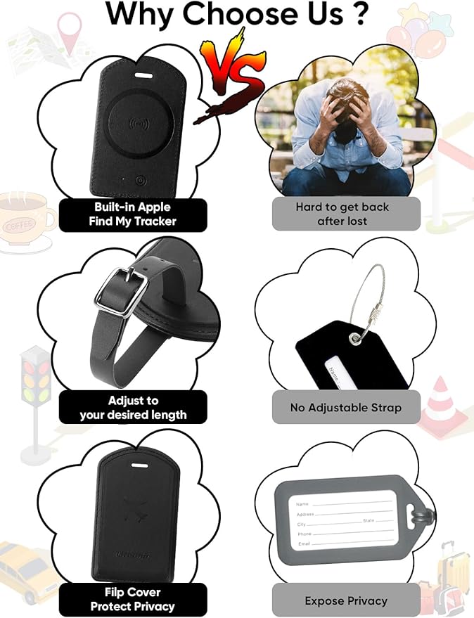 Luggage Tags Built-in Anti-Loss Tracker, Luxury Leather Luggage Tags for Suitcase, Travel Bags, Backpacks, Travel Organizer for Lost Baggage Prevention (Black*2 Pack)