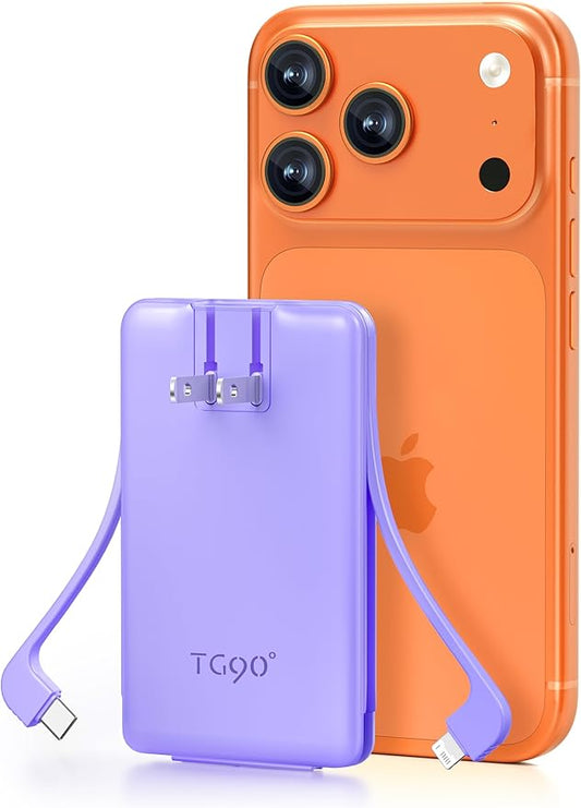 TG90° 5000mAh Portable Charger Built-in AC Wall Plug and Cables, Pocket Size Power Bank, Slim Fast Charging External USB C Battery Pack Compatible with iPhone 17 16 15 14 13 12 Samsung Google iPad