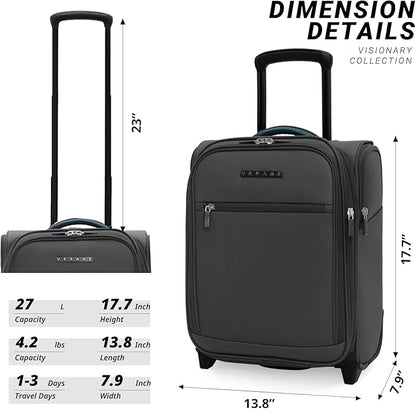 Verage Under Seat Luggage with Wheels, Softside Expanable Small Suitcase Carry On Luggage Bags for Airlines Airplanes Short Trip Men Women (Grey, 16-Inch Rolling Underseat)