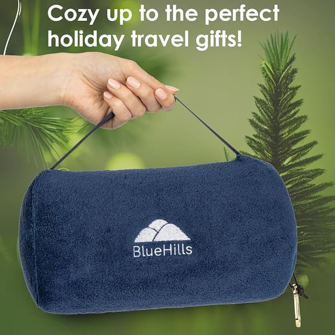 BlueHills Travel Blanket Pillow Rolled Premium Soft Plush Airplane Throw Traveling Essential Gift Compact in a Bag 70 X 48 inches Long Plane Flight Portable Lightweight Navy Blue R04