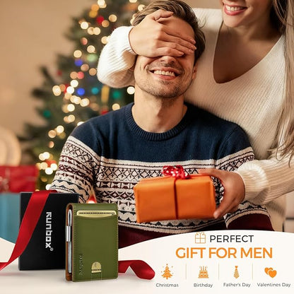 RUNBOX Money Clip Slim Wallets for Men RFID Blocking 11 Card Holder Minimalist Small Leather Bifold Men's Front Pocket Wallet Gift Box