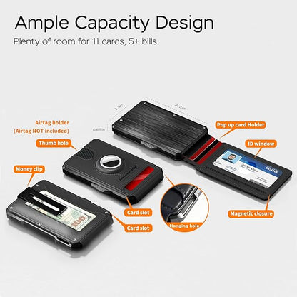 Mens Wallet with AirTag Holder, RFID Blocking Wallet for Men, [Brushed Aluminum] Slim Pop Up Card Holder, Front Pocket Bifold Wallet Including ID Window Money Clip, Holds 9-11 Cards, Gift for Men