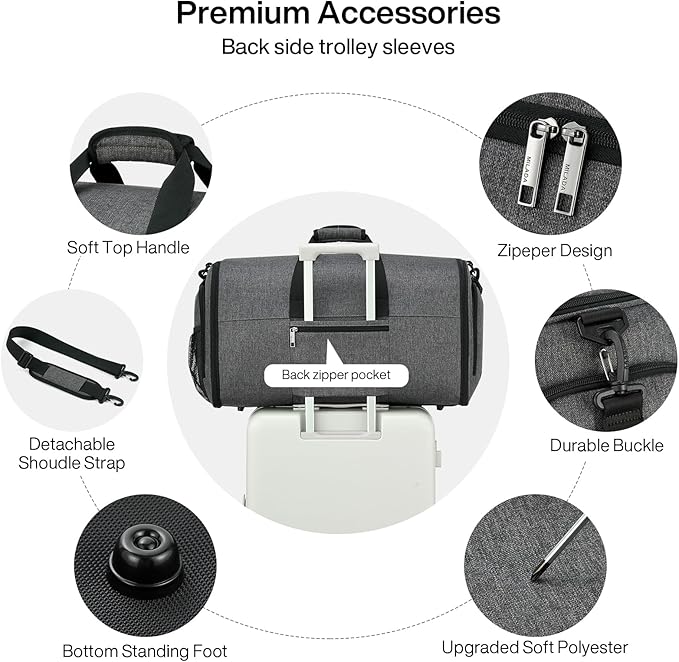 MILADA Convertible 2-in-1 Garment Duffel Weekender Bag Carry On Garment Bags for Travel Hanging Clothes Suit Bag Foldable Personal Item Business Overnight Bag with Shoe Compartment, Dark Grey