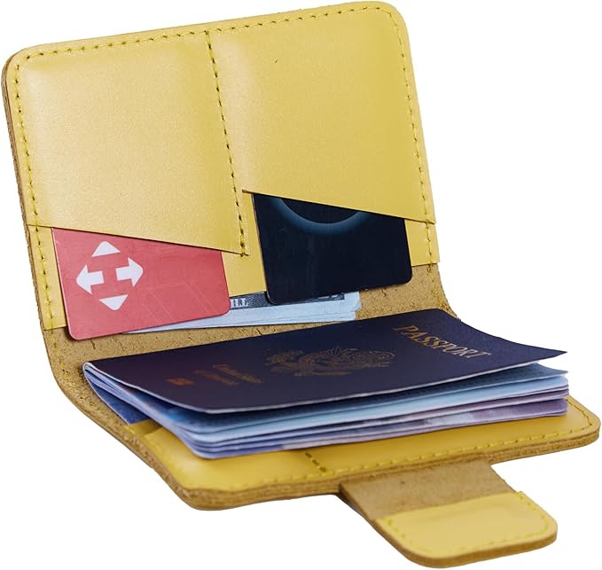 Passport Case for Travel - AirTag Passport Holder Compatible with Airtag Passports Cover with Card Slots & Note Compartment, Magnetic Closure, Genuine Leather, Classic Yellow