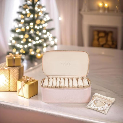 Vlando Travel Jewelry Box Organizer - 12 Small Velvet Zipped Pouches Pockets for Jewelries Necklaces Rings Earrings Sorting Storage, Rosy Mauve