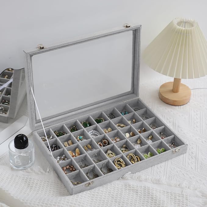 Stratalife Jewelry Organizer 40 Grid Jewelry Tray with Lid Dust-proof Velvet Earring Organizer Ring Holder Necklaces Earrings Storage Drawer Accessories Box for Women Gray