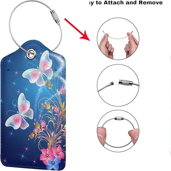2 Pcs Beautiful Blue Luggage Tags with Two Butterflies for Women Girls Travel, Flower PU Leather Bag Tags for Suitcases with Stainless Steel Loop & Privacy Name ID Card, Labels Identifiers