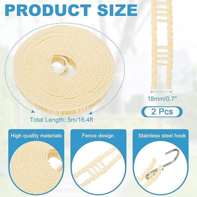 uxcell 2 Pcs Portable Travel Clothesline, 16.4ft Clothes Line Outdoors Travel Hanger Foldable Clothesline Rope with Hooks for Camping Hotel Backyard Home Cruise Ship, Beige