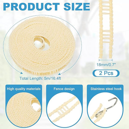 uxcell 2 Pcs Portable Travel Clothesline, 16.4ft Clothes Line Outdoors Travel Hanger Foldable Clothesline Rope with Hooks for Camping Hotel Backyard Home Cruise Ship, Beige