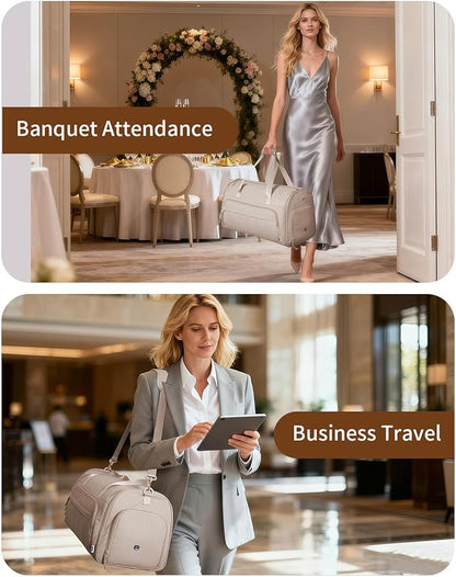 WANDF Convertible Garment Bags for Travel with Wet Pocket Carry on Garment Duffle Bag 2 in 1 Puffy Hanging Clothes Travel Bags with Shoe Compartment for Airplanes Business Weekend Gym Wedding (Khaki)