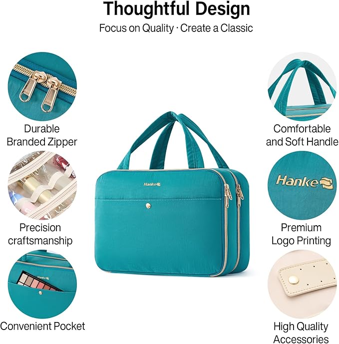 Hanke Hanging Travel Toiletry Bag for Women with Jewelry Organizer Compartment, Travel Essentials Toiletries and Makeup Bag, Water-Resistant & Stain-Resistant with Trolley Strap (Turquoise Green)