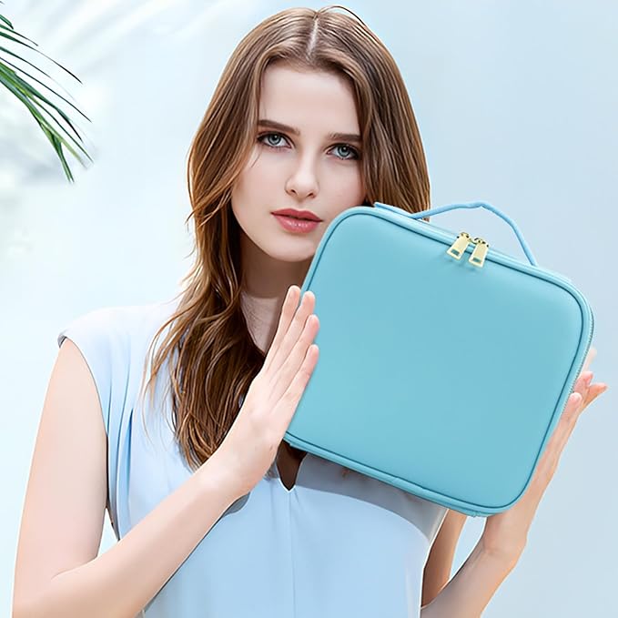 Makeup Organizer Bag with Mirror, Lighted Travel Makeup Bag 3 Colors Modes, Cosmetic Bag Make up Organizer with Mirror and Light, Makeup Train Case Portable Cosmetic Storage Case Gifts(Blue)