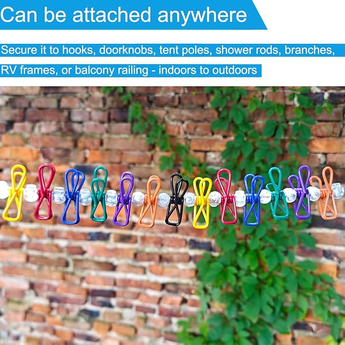 Portable Clothesline with 20 Clips, 12Ft Stainless Steel Wire Rope Adjustable Retractable Travel Clothesline for Indoor Outdoor Laundry Drying line, Cruise Clothes line, Balcony, Camping