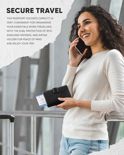 VULKIT Passport Holder with Airtag Holder RFID Blocking Passport Wallet Travel Leather Passport for Women(Black Brown)