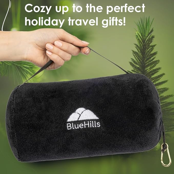BlueHills Travel Blanket Pillow Rolled Premium Soft Plush Airplane Throw Traveling Accessories Gifts Compact in a Bag 70 X 48 inches Long Plane Flight Portable Lightweight Black R05