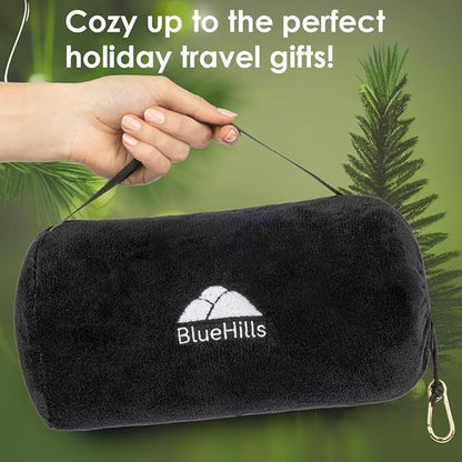 BlueHills Travel Blanket Pillow Rolled Premium Soft Plush Airplane Throw Traveling Accessories Gifts Compact in a Bag 70 X 48 inches Long Plane Flight Portable Lightweight Black R05