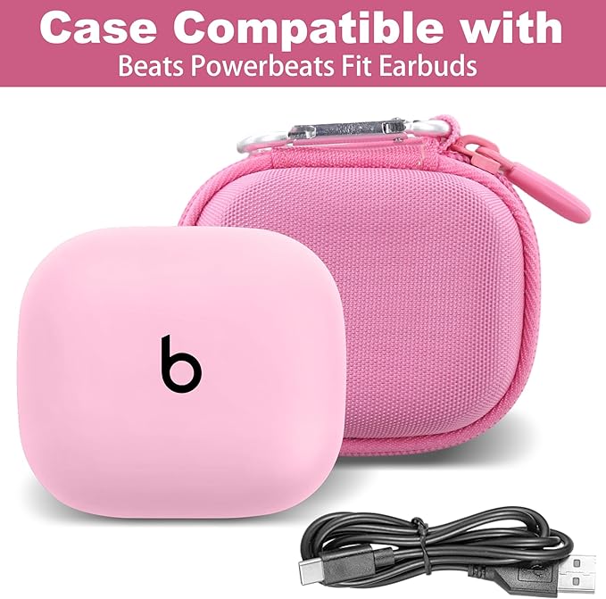 co2CREA Hard Case for Beats Powerbeats Fit with Carabiner Clip, Shockproof Earbuds Storage Box – Protective Travel Cover for Wireless Noise Cancelling Earbuds (Pink Case)