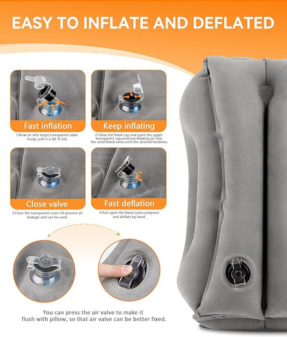 Sunany Travel Pillow, Upgraded Plane Pillow for Long Flights, Inflatable Neck Pillow Used for Airplanes,Cars,Buses,Trains,Office Napping with Eye Mask,Earplugs (Gray)