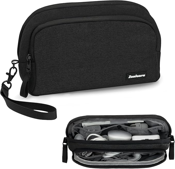 Electronics Organizer Travel Case - Portable Tech Bag, Portable Charger Organizer, All-in-One Storage Bag for Charging Cable, USB Cords, Black, Double Layer