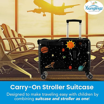Younglingz LIL FLYER GO Version 2 Ride On Suitcase for Kids | Carry On Luggage with Toddler Seat, Foldable Handlebars, Pedals, and Removable Wheels | Holds up to 80 lbs | SPACE | Ages 2-6