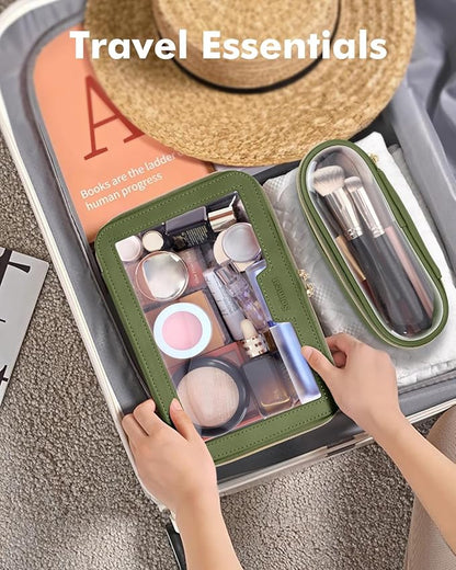 Travel Clear Makeup Bag with Makeup Brush Bag, Leather Makeup Case Toiletry Bag, Portable Cosmetic Bag Case, Transparent Waterproof Cosmetic Organizer Storage Bag for Women, Green