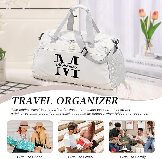 Personalized Travel Duffel Bag with Name - Custom Letter Oxford Cloth Gym Bag with Shoes & Wet Pockets Sport Bag Weekender Overnight Bag for Traveling for Women Men Gift for Christmas Groomsman Brides