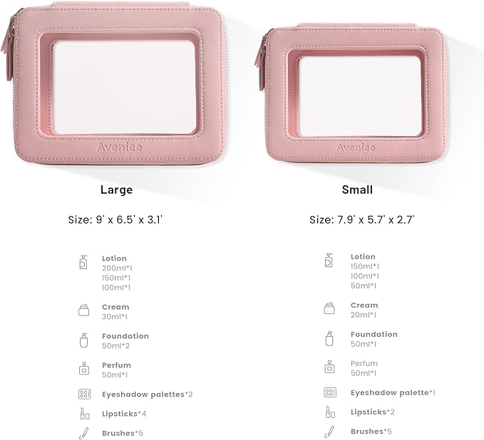 Aveniee Clear Makeup Bag Organizer Set,Portable Travel Toiletry Case for Women, Vegan Leather Cosmetic Pouch Car Bag for Essentials 2pcs,Middle & Large,Pink