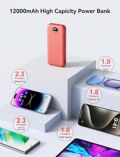 12000mAh Ultra-Portable-Charger-Power-Bank with Built in Cables&AC Wall Plug,PD20W USB-C Fast Charging Cell Phone Charger Battery Pack,LED Display Travel Battery Bank for All iPhone,Samsung,Android