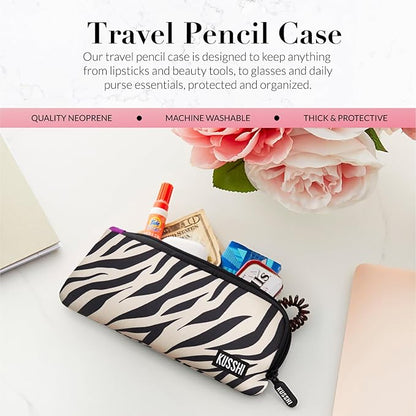 KUSSHI Neoprene Zipper Makeup Brush Pouch and Travel Pencil Case for Beauty Tools, Pencils, Brushes & Small Accessories - Makeup Brush Bag Pouch for Organization and Travel Items (Zebra/Fuchsia)