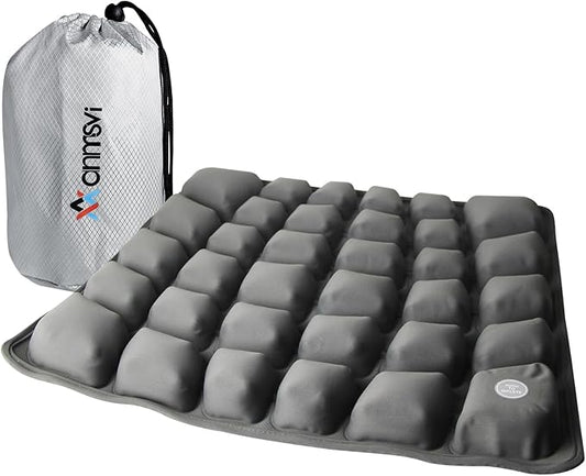 Inflatable Travel Seat Cushion with Built-in Pump & Carry Bag (Grey Cushion with Silver Storage Bag)