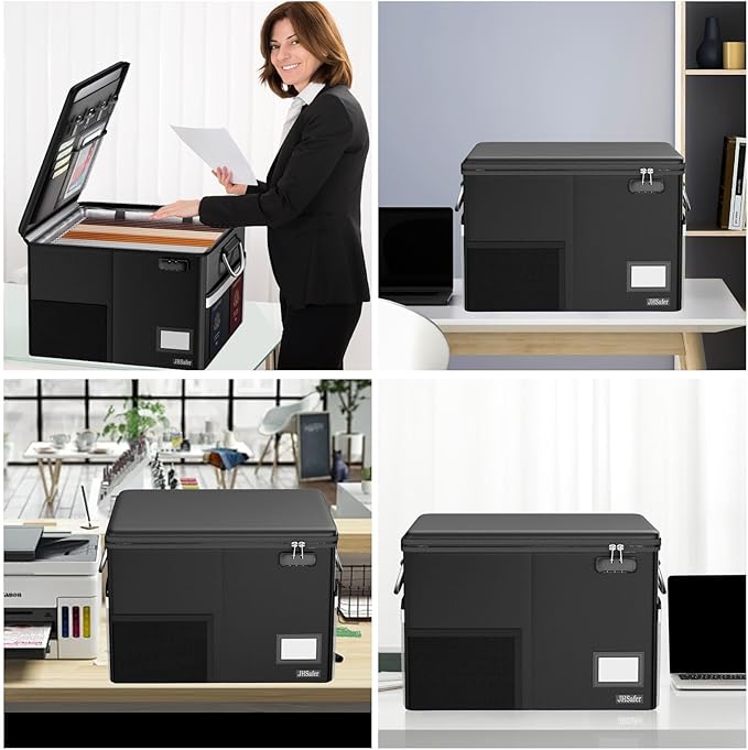 5200℉ Fireproof Document Box with Lock, Waterproof File Organizer with Handle, Portable Collapsible Filing Cabinet with Reflective Strip for Hanging Letter/Legal Folder, Black