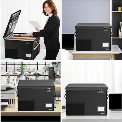 5200℉ Fireproof Document Box with Lock, Waterproof File Organizer with Handle, Portable Collapsible Filing Cabinet with Reflective Strip for Hanging Letter/Legal Folder, Black