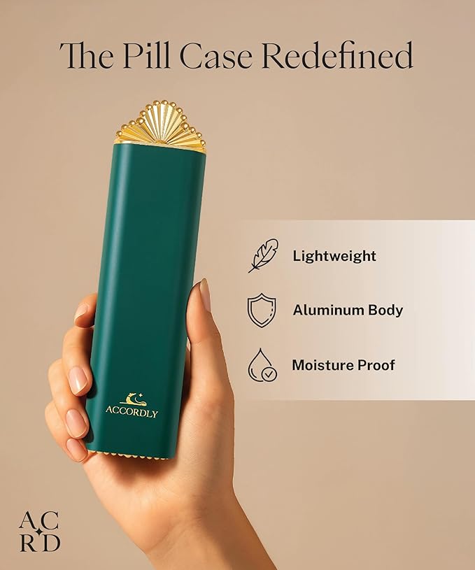 Premium Weekly Pill Organizer, 7-Day Compact Pill Case for Purse, Lightweight Gold Aluminum Pill Box for Vitamins, Medicine, Supplements, Luxury Wellness Gift