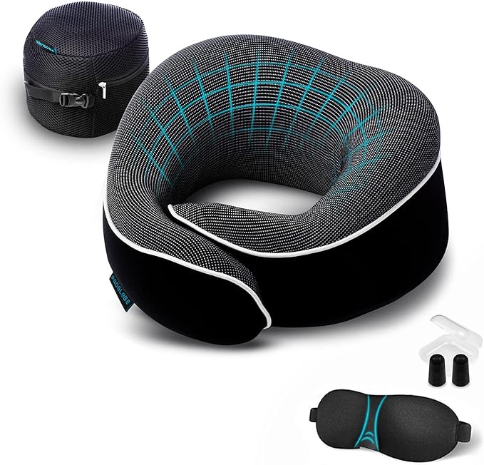 Proglobe Orthopedic Neck Pillow, Travel Neck Pillows for Airplanes, Memory Foam Kit, 360° Head Support, Airplane Pillow Set with 3D Contoured Eye Masks, Earplugs, and Luxury Mesh Bag (Black)