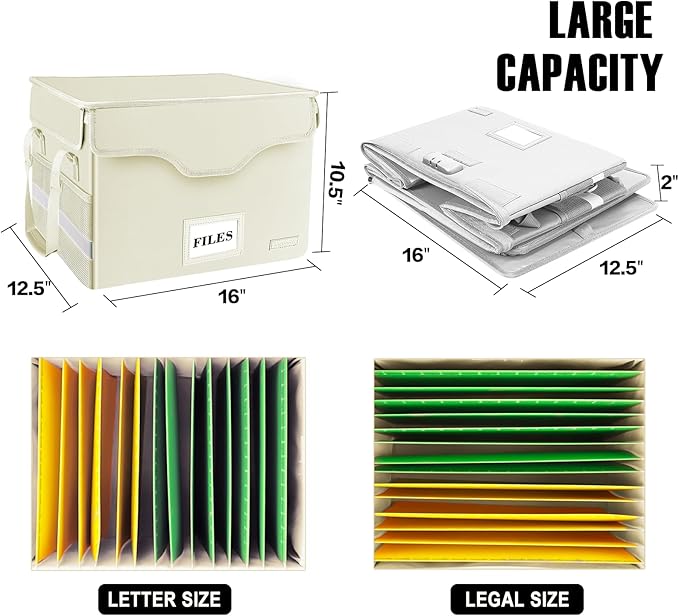 DocSafe Fireproof Document Box with Lock,File Storage Organizer with Zipper Pockets,Collapsible Portable File Box Home Office Safe Filing Cabinet with Handle for Hanging Letter/Legal Folders,Beige