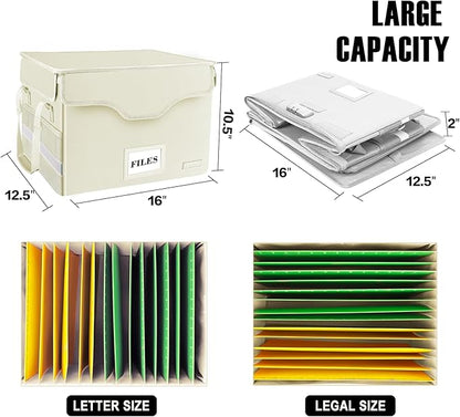 DocSafe Fireproof Document Box with Lock,File Storage Organizer with Zipper Pockets,Collapsible Portable File Box Home Office Safe Filing Cabinet with Handle for Hanging Letter/Legal Folders,Beige