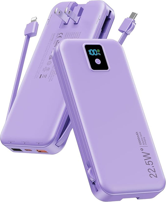 Portable Charger, 12000mAh 22.5W Fast Charging Power Bank with Built-in Cables & Wall Plug, Travel Essentials Battery Pack with LED Display, USB C External Battery Bank for iPhone iPad, Samsung Purple