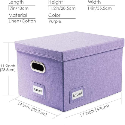 PRANDOM File Organizer Box - Set of 4 Collapsible Decorative Linen Filing Storage Hanging File Folders with Lids Office Cabinet Letter/Legal Size Purple 17.1x14x11.1 inch