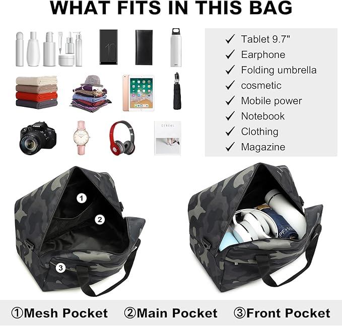 Kono Travel Duffel 20L Under Seat Carry-On Sports Tote Gym Weekender Overnight Bag - 15.75"x9.84"x7.87" Camo