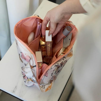 Tiny Twinkle Waterproof Travel Toiletry & Makeup Bag Organizer | Large Capacity Cosmetic Case with Compartments & Handle, A Thoughtful Travel Companion for Women（Flutter