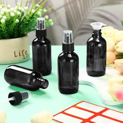 Fumete 36 Pcs Glass Spray Bottles 4oz Fine Mist Glass Spray Bottle Refillable Liquid Containers with 6 Labels 6 Funnel for Hair Travel Plants Cleaning Solutions Skin Care(Black,Classic)