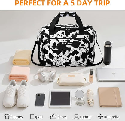 Travel Duffle Bag for Women, Underseat Carry On luggage Bag Foldable Overnight Weekender Hospital Bag Lightweight Airplanes Personal Item Travel Tote Bag for Women Birthday Gifts, 16IN Cow Print