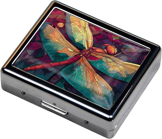 7 Days Chromed Shiny Silver Pill Organizer with Mirror Inside Has 8 Separate Compartments Rectangle,Versatile Storage for Medication - Ideal Travel Accessory (Painted Dragonflies)