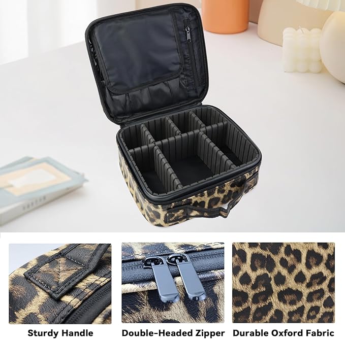Travel Makeup Bag Makeup Cosmetic Train Case Organizer Portable Storage Bag with Adjustable Dividers for Cosmetics Makeup Brushes Toiletry Jewelry Leopard