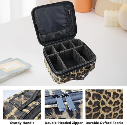 Travel Makeup Bag Makeup Cosmetic Train Case Organizer Portable Storage Bag with Adjustable Dividers for Cosmetics Makeup Brushes Toiletry Jewelry Leopard