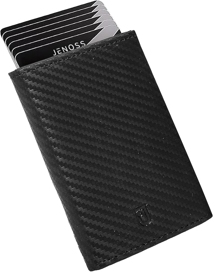 Jenoss Smart Wallet For Men: Full Grain Leather, Handcrafted, Slide Metal Pop Up Case, Slim RFID Blocking Credit Card Holder, Minimalist, Compact - 9-12 Card Organizers | ID | Money Clip (Carbon)