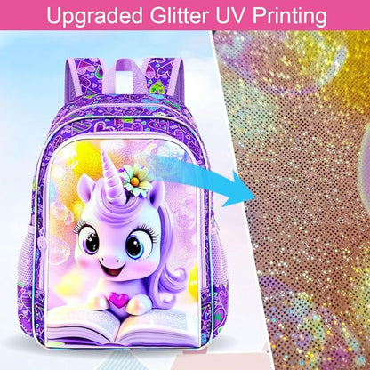 WZLVO 3PCS Unicorn Backpack, 16" Glittery UV Printing Girls Bookbag/School Bag with Lunch Box & Pencil Bag for Preschool to Elementary - Reading Unicorn Purple