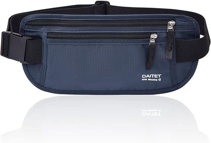 RFID Blocking Money Belt for Men Women, Slim Fanny Pack for Travel，Running,Conceal Waist Wallet for Passport Holder,Phone,Cash(Black Dark Blue)