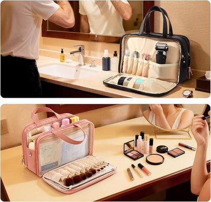 Large Travel Toiletry Bag with Makeup Brush Holder, 25 Pockets, Double Reinforced Handles & Luggage Sleeve, Waterproof PU Leather Cosmetic Organizer (Black)