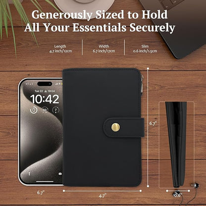 Full Grain Leather Passport Wallet, RFID Blocking Passport Holder with Tracker Slot, Multi Compartment Travel Wallet for Women & Men, Secure Passport Cover Case for Airport Essentials (Black)